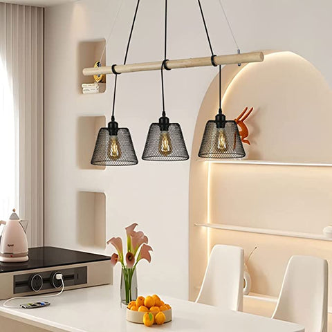 3 lampen vintage industriële hanglamp, gesplitste houten kroonluchter hangend met industrieel ontwerp, industriële woonkamerkroonluchter met E27-aansluiting, stalen hanglamp voor eetkamer