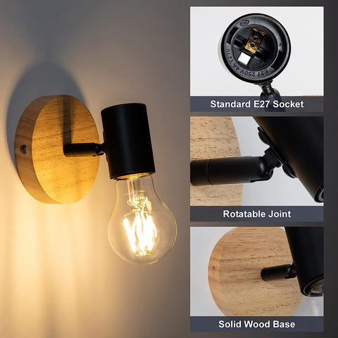 2 stuks binnenwandlamp vintage houten wandlamp voor slaapkamer, woonkamer, hal, entree E27-basis