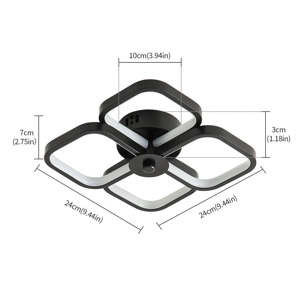 Led-plafondlamp, moderne rechthoekige metalen acryl plafondlamp 32W kroonluchter plafondlamp, dia 24CM kantoorplafondlamp voor slaapkamer, woonkamer, eetkamer, hal zwart