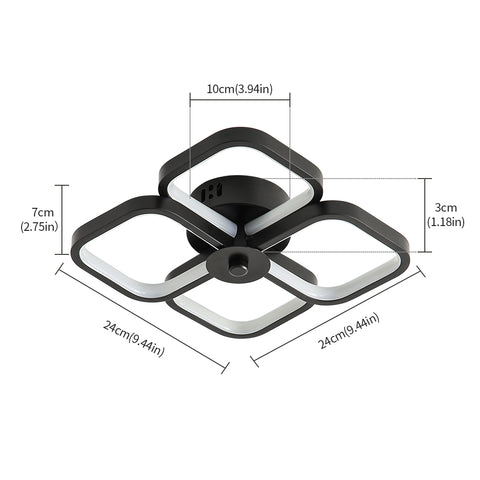 Led-plafondlamp, moderne rechthoekige metalen acryl plafondlamp 32W kroonluchter plafondlamp, dia 24CM kantoorplafondlamp voor slaapkamer, woonkamer, eetkamer, hal zwart