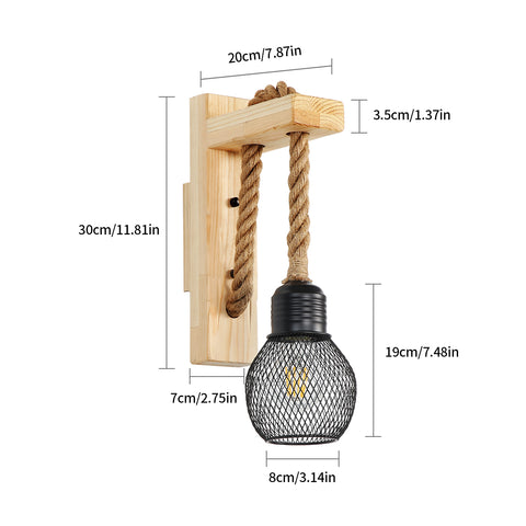 GOECO Vintage industriële wandlamp, retro rustieke houten wandlamp, zwarte metalen kooi lampenkap, henneptouw hangende wandverlichting (geen lampen)