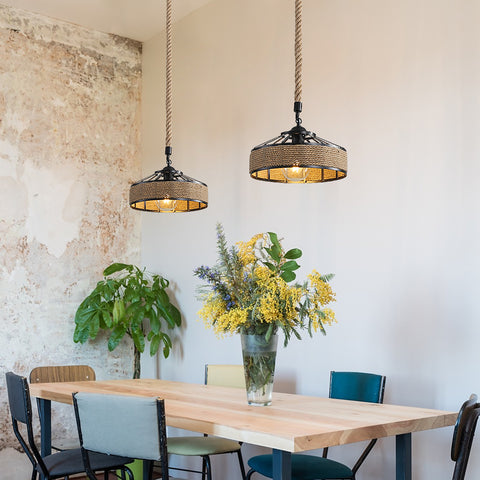 GOECO Henneptouw Kroonluchter, Retro Zwart Metalen Hanglamp, Landelijke Hangende Kroonluchters, Hal Plafondlamp E27 Verlichtingsarmatuur voor Woonkamer Slaapkamer Versieren Huis 220V