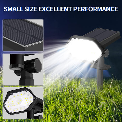 2 stuks buitenzonnespot, 35 LED buitenzonnelamp waterdicht IP65, verstelbaar met 4 verlichtingsmodi, 180 ° buitenzonneschijnwerper voor tuin, binnenplaats, pad, oprit, koel wit licht