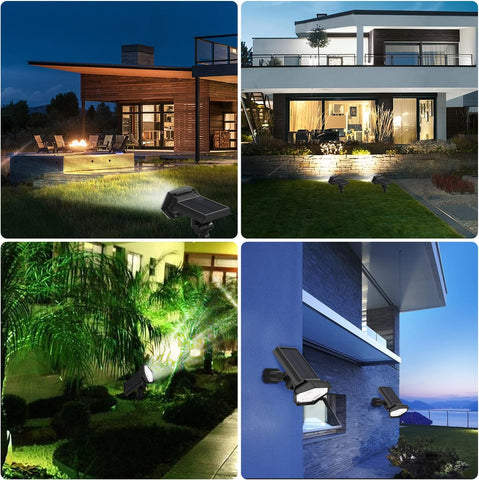 2 stuks buitenzonnespot, 35 LED buitenzonnelamp waterdicht IP65, verstelbaar met 4 verlichtingsmodi, 180 ° buitenzonneschijnwerper voor tuin, binnenplaats, pad, oprit, koel wit licht