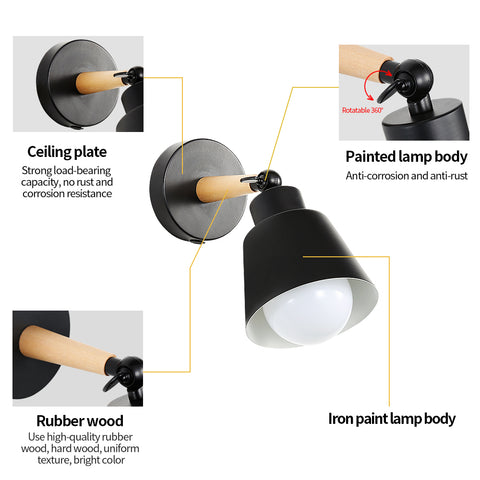 Retro binnenwandlampen, vintage industriële E27 wandlamp, metalen houten wandspots voor slaapkamer, balkon, gang, keuken, trap (zwart)
