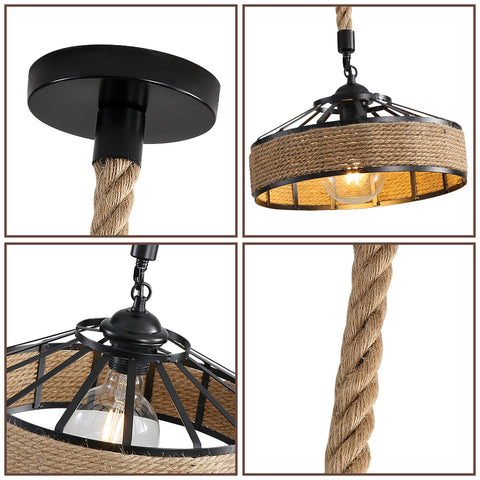 GOECO Henneptouw Kroonluchter, Retro Zwart Metalen Hanglamp, Landelijke Hangende Kroonluchters, Hal Plafondlamp E27 Verlichtingsarmatuur voor Woonkamer Slaapkamer Versieren Huis 220V