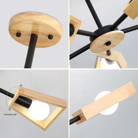 Houten hanglamp, woonkamer kroonluchterlamp lichtarmatuur voor binnenverlichting, hout vijf lampen geometrische hanglampen voor 5 E27-lampen (zonder lamp)
