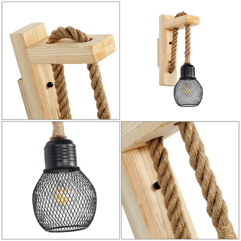 GOECO Vintage industriële wandlamp, retro rustieke houten wandlamp, zwarte metalen kooi lampenkap, henneptouw hangende wandverlichting (geen lampen)