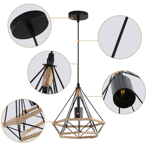 Henneptouwkooi-plafondlamp, industriële hangende kroonluchter 25 cm diamantvorm henneptouw