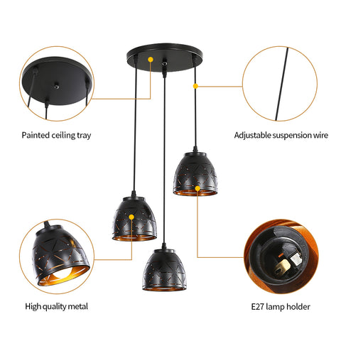 3 retro hanglampen, industriële hol gesneden kroonluchter, E27 vintage metalen plafondlamp, verlichting voor woonkamer keuken gang restaurant loft café bar