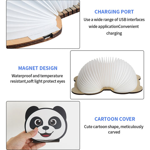 Goeco LED-opvouwbare boeklamp, veelkleurige cartoon Panda-nachtverlichting, USB-oplaadbare opvouwbare klaplamp voor