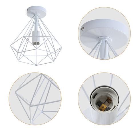 Vintage industriële plafondlamp diamantvormige metalen kooi retro plafondlamp schaduw hanglamp voor eetkamer bar slaapkamer, 25cm (wit)