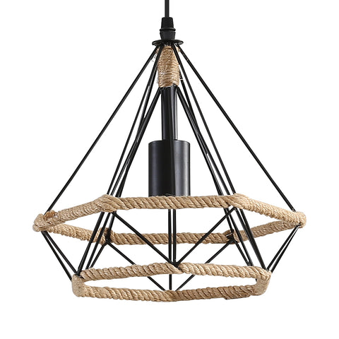 Henneptouwkooi-plafondlamp, industriële hangende kroonluchter 25 cm diamantvorm henneptouw