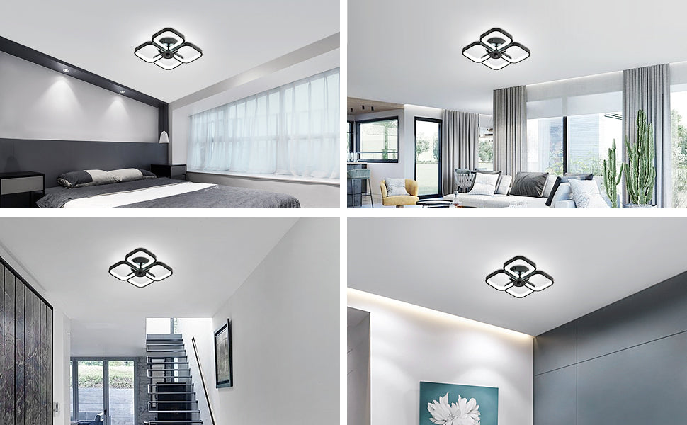 Led-plafondlamp, moderne rechthoekige metalen acryl plafondlamp 32W kroonluchter plafondlamp, dia 24CM kantoorplafondlamp voor slaapkamer, woonkamer, eetkamer, hal zwart