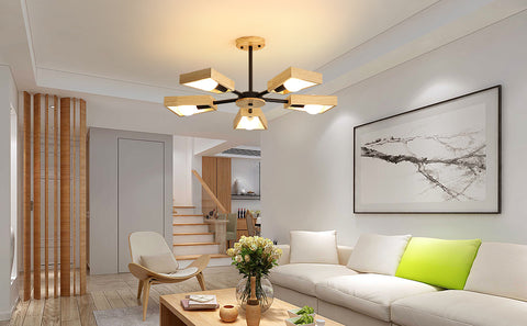 Houten hanglamp, woonkamer kroonluchterlamp lichtarmatuur voor binnenverlichting, hout vijf lampen geometrische hanglampen voor 5 E27-lampen (zonder lamp)