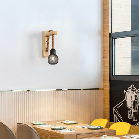 GOECO Vintage industriële wandlamp, retro rustieke houten wandlamp, zwarte metalen kooi lampenkap, henneptouw hangende wandverlichting (geen lampen)