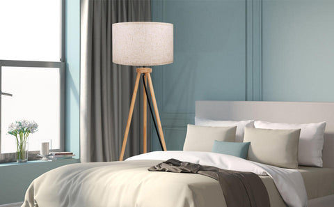 Houten driepoot vloerlamp, led-vloerlamp met voetschakelaar, vintage vloerlamp, vloerlamp met E27-lamp en linnen kap voor woonkamer slaapkamer