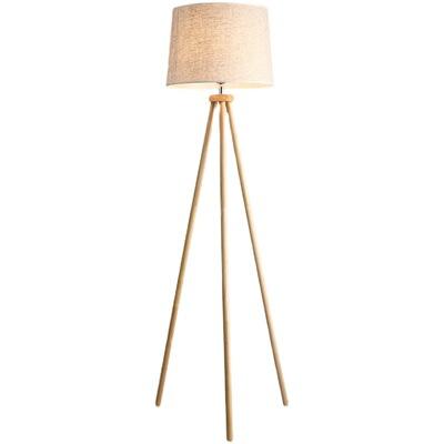 Houten driepoot vloerlamp, led-vloerlamp met voetschakelaar, vintage vloerlamp, vloerlamp met E27-lamp en linnen kap voor woonkamer slaapkamer