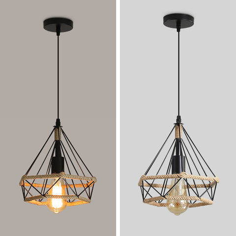 Henneptouwkooi-plafondlamp, industriële hangende kroonluchter 25 cm diamantvorm henneptouw