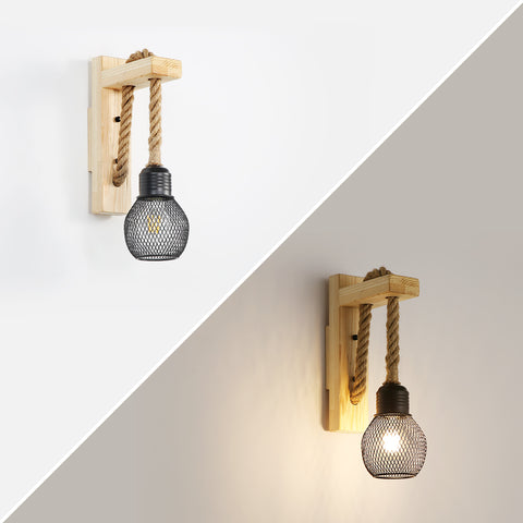 GOECO Vintage industriële wandlamp, retro rustieke houten wandlamp, zwarte metalen kooi lampenkap, henneptouw hangende wandverlichting (geen lampen)