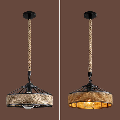 GOECO Henneptouw Kroonluchter, Retro Zwart Metalen Hanglamp, Landelijke Hangende Kroonluchters, Hal Plafondlamp E27 Verlichtingsarmatuur voor Woonkamer Slaapkamer Versieren Huis 220V